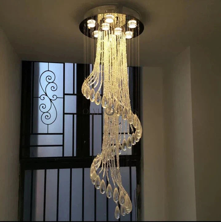 Flush Mounted Spiral Crystal Drops Chandelier Round LED Ceiling Lighting Fixture For Foyer Staircase/ Hotel Entrance