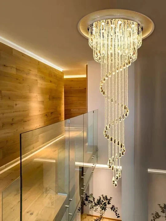 extra large, oversized, luxury, crystal,  stainless steel, staircase,spiral,cascade, modern, chandelier, duplex building, China, shining