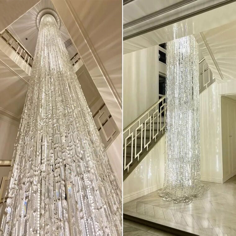 Oversized Silver Crystal Long Ceiling Chandelier Art Designer Column Waterfall Decorative Staircase Light Fixture  fringe chrome finish crystal light