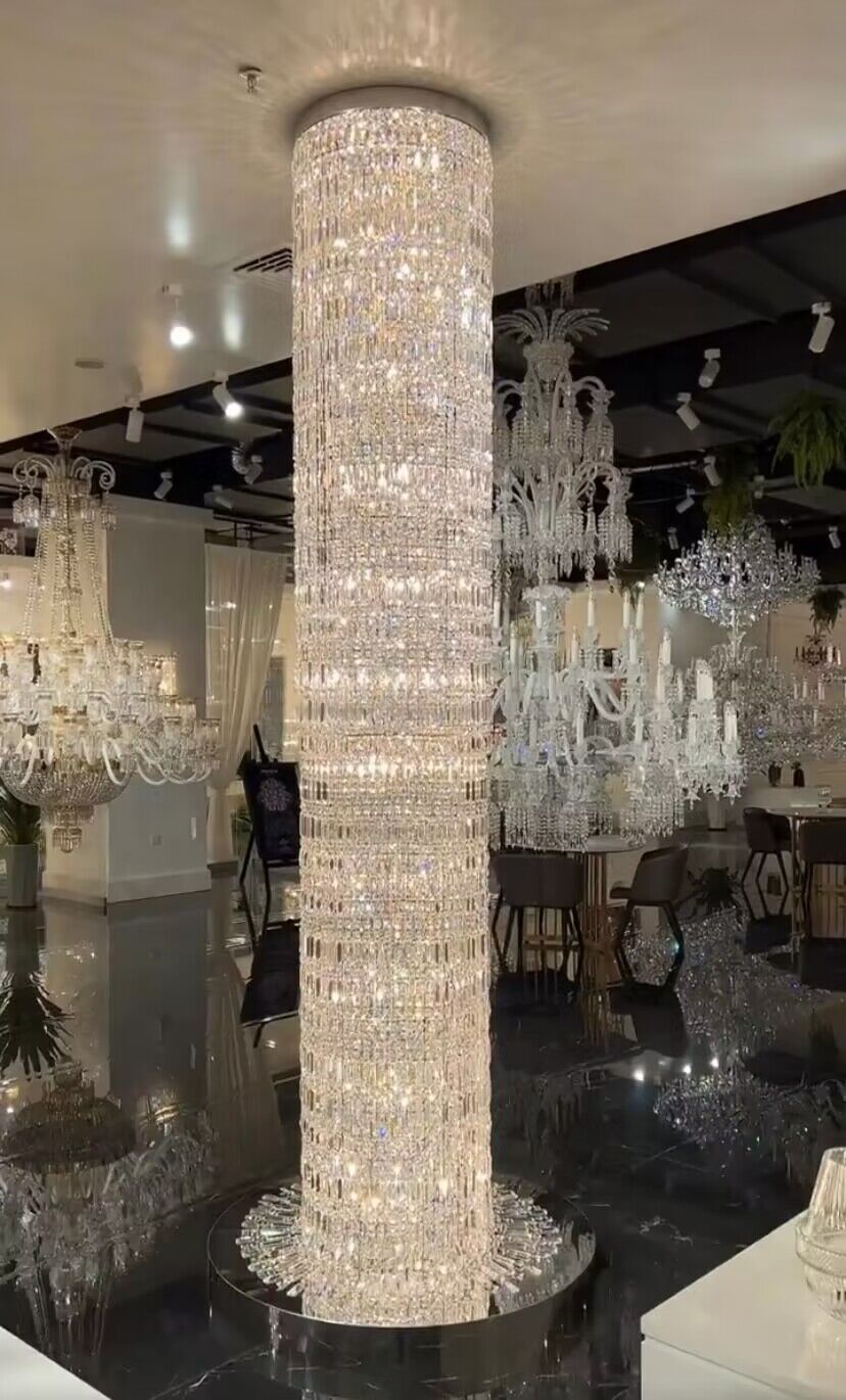 Oversized Silver Crystal Long Ceiling Chandelier Art Designer Column Waterfall Decorative Staircase Light Fixture  fringe chrome finish crystal light