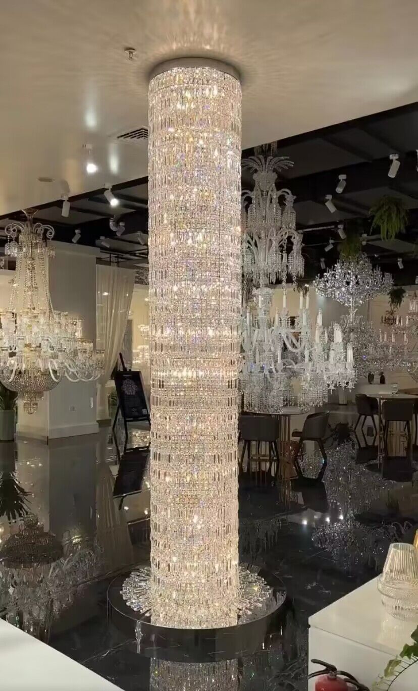 D19.7"*H196.9" Oversized Silver Crystal Long Ceiling Chandelier Art Designer Column Waterfall Decorative Staircase Light Fixture fringe chrome finish crystal light