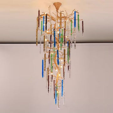 colorful, creative, Modern Light Luxury Brass Branches Colored Glass Column Chandelier for Staircase/Living Room/High-ceiling Space,special,unique,gorgeous, dimmable