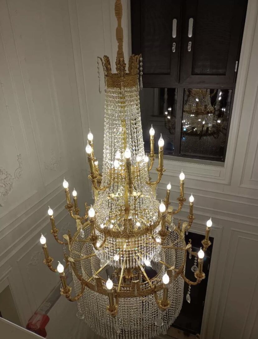 Large Oversized Luxury Golden Metal Brass  Candle Crystal Tassel Chandelier  For High-ceiling Staircase/Entryway/Hallway/Living/Meeting Room