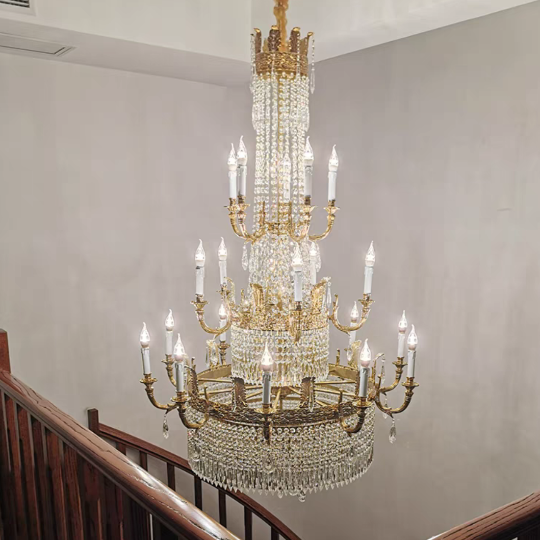 Large Oversized Luxury Golden Metal Brass  Candle Crystal Tassel Chandelier  For High-ceiling Staircase/Entryway/Hallway/Living/Meeting Room