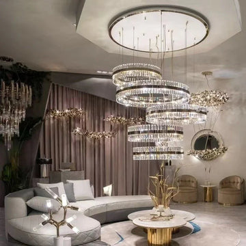 Gold Finish 5 Ring Crystal Chandelier,Elegant Modern Lighting Fixture For Staircase, Hallway