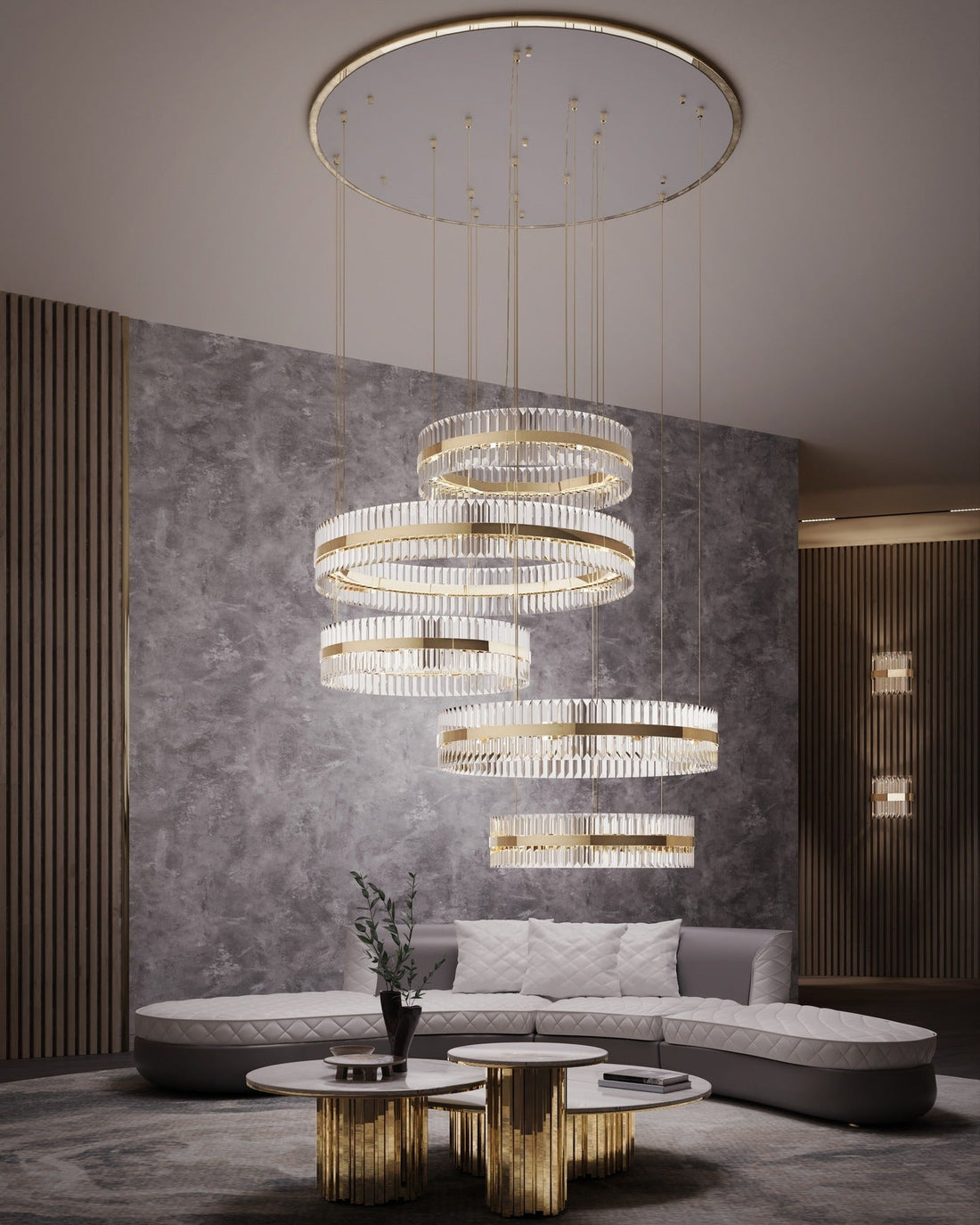 Gold Finish 5 Ring Crystal Chandelier,Elegant Modern Lighting Fixture For Staircase, Hallway