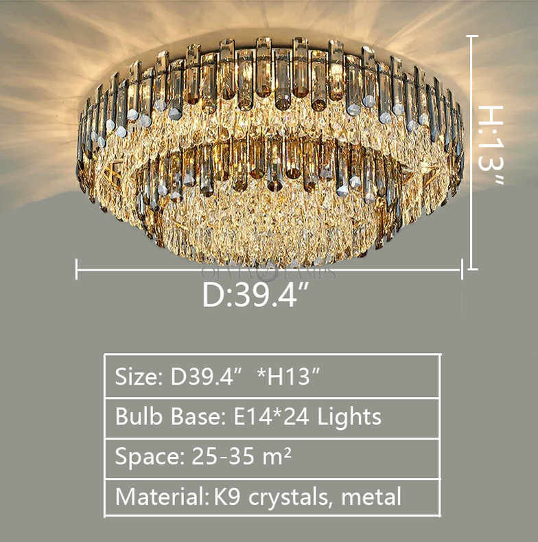 Luxury Large Flush Mounted K9 Round Crystal Chandelier 39.4inch for living room dining room