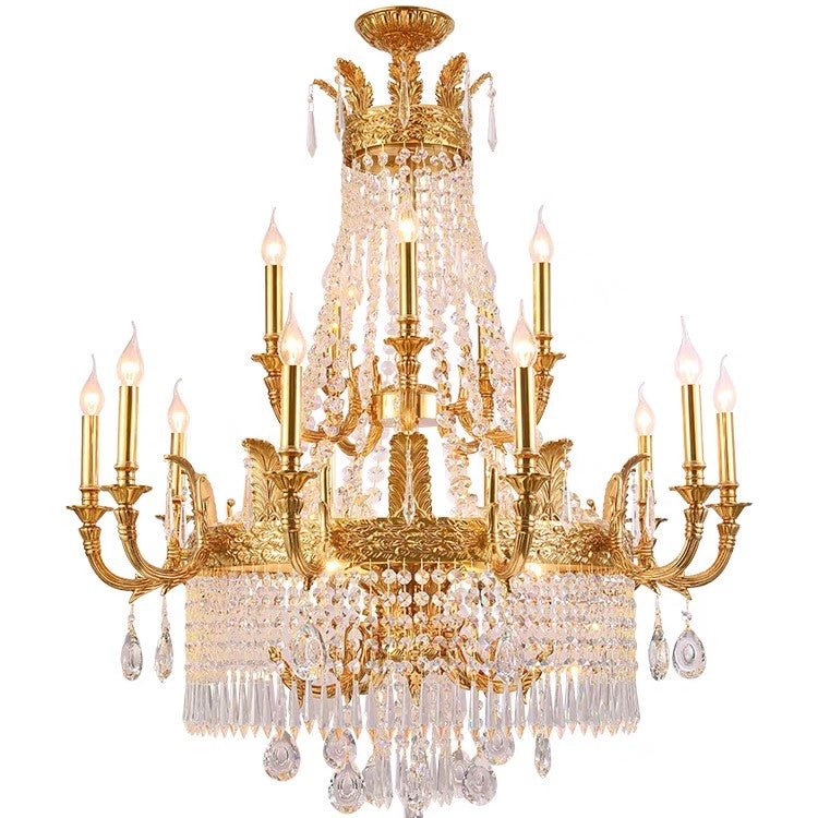 Large Oversized Luxury Golden Metal Brass  Candle Crystal Tassel Chandelier  For High-ceiling Staircase/Entryway/Hallway/Living/Meeting Room