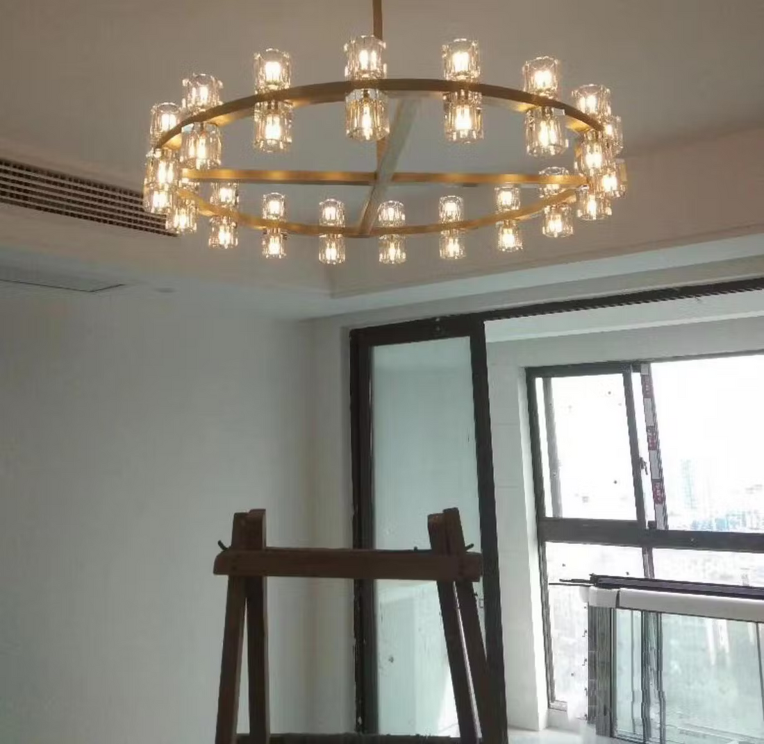 Beliy Crystal Shades Round Chandelier 60" chandeliers for dining room,chandeliers for stairways,chandeliers for foyer,chandeliers for bedrooms,chandeliers for kitchen,chandeliers for living room Rbrights Lacquered Brass  