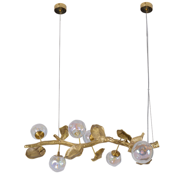 This Organic Glass Bubble Brass Branch Chandelier is artfully designed, it combines with the organic tree branch design, decorated with the metal leaves, creates a fruitfully ideas. it is a new interpretation for the new modern style.