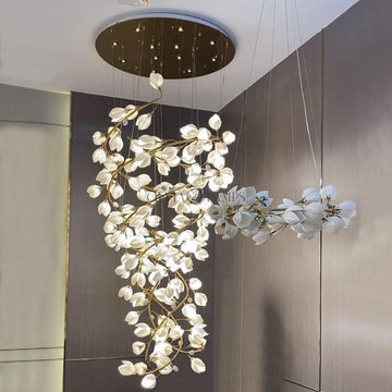 chandelier,chandeliers,ceiling,round,flush mount,extra large,oversize,large,long,huge,big,white,flower,foyer,stairs,entrys,living roo,hall way,high-ceiling room