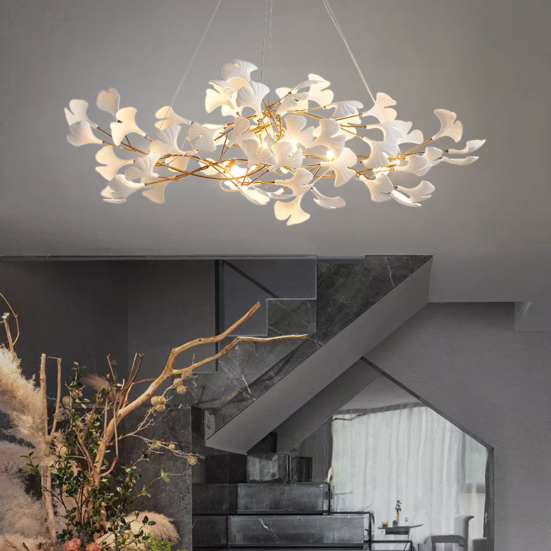 Ginkgo Ceramic Petal Modern Linear Branch Chandelier - Ineffable Lighting