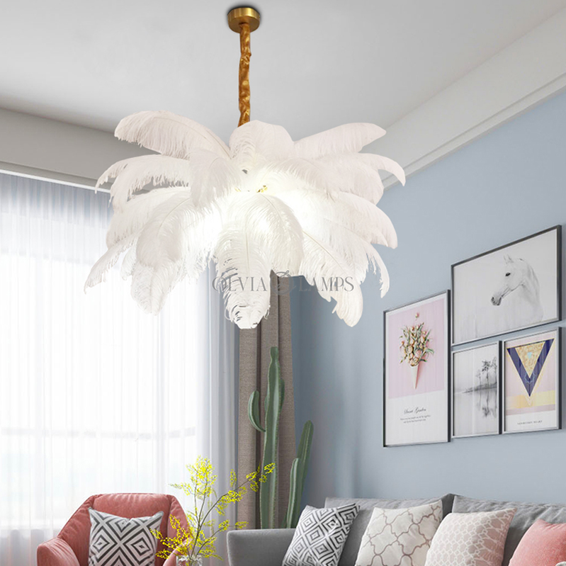 Art Deco Colorized Feather Brass Branch Chandelier - Ineffable Lighting