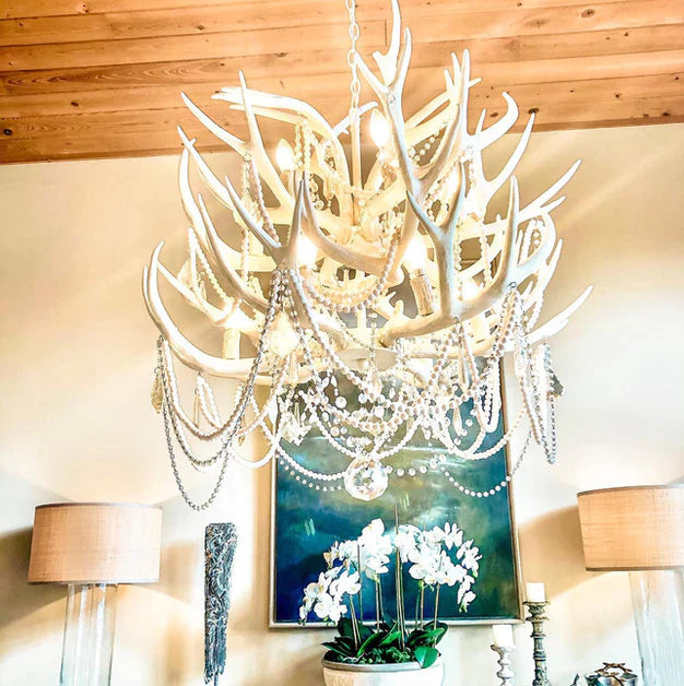 Olivia Lamps Rustic 2-Tier Pure White Antlers Chandelier for Farmhouse/Cottage/Living Room/Dining Room