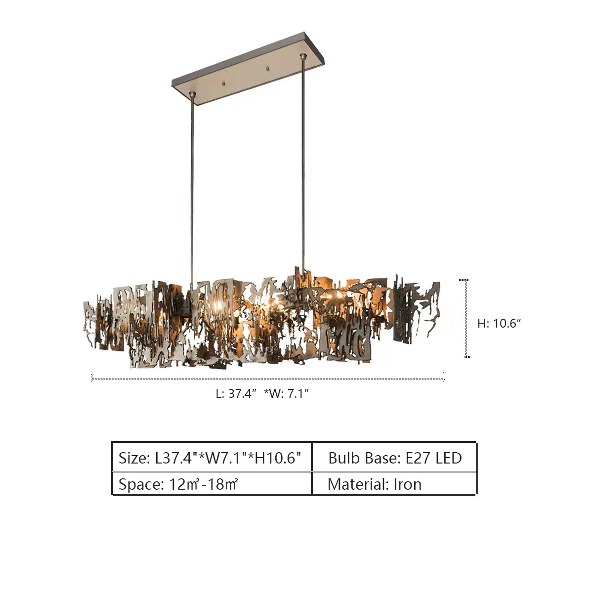 L37.4"*W7.1"*H10.6"  extra large, oversized, art, irregular, iron, post modern, pendant, chandelier, for large space, long dining table, big living room, bar, kitchen island