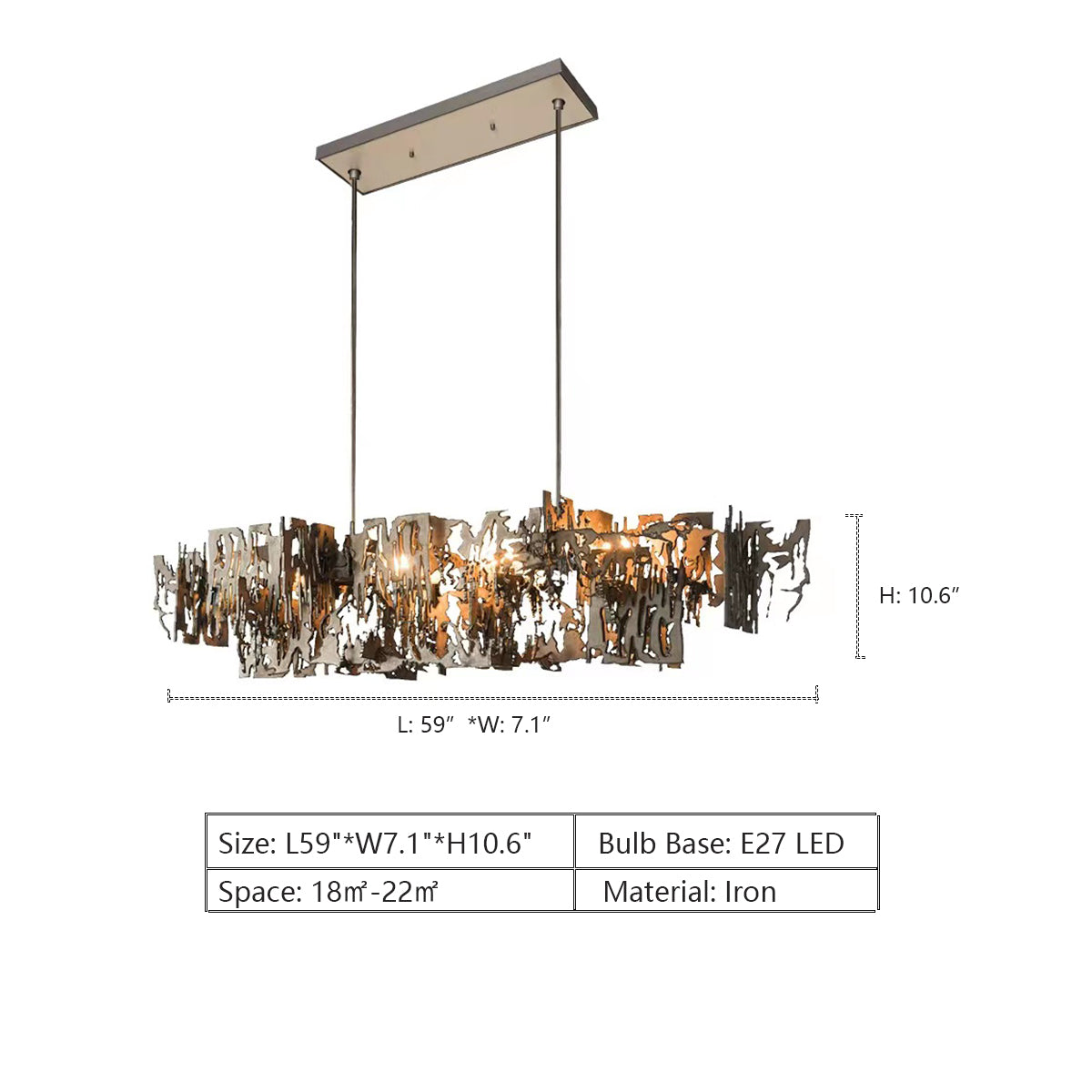 L59"*W7.1"*H10.6"   extra large, oversized, art, irregular, iron, post modern, pendant, chandelier, for large space, long dining table, big living room, bar, kitchen island