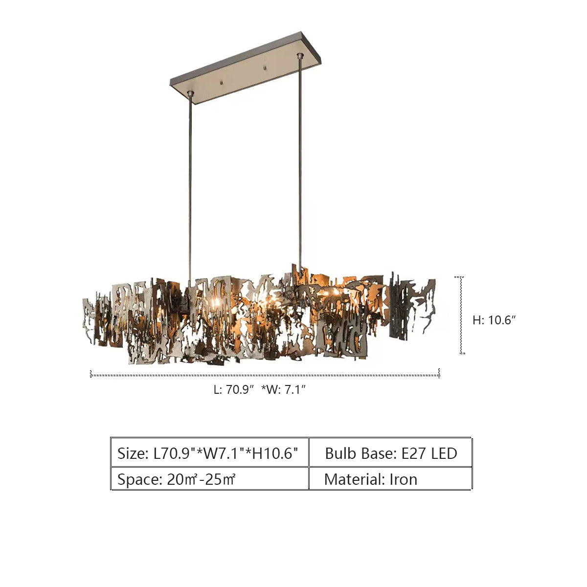 L70.9"*W7.1"*H10.6"  extra large, oversized, art, irregular, iron, post modern, pendant, chandelier, for large space, long dining table, big living room, bar, kitchen island