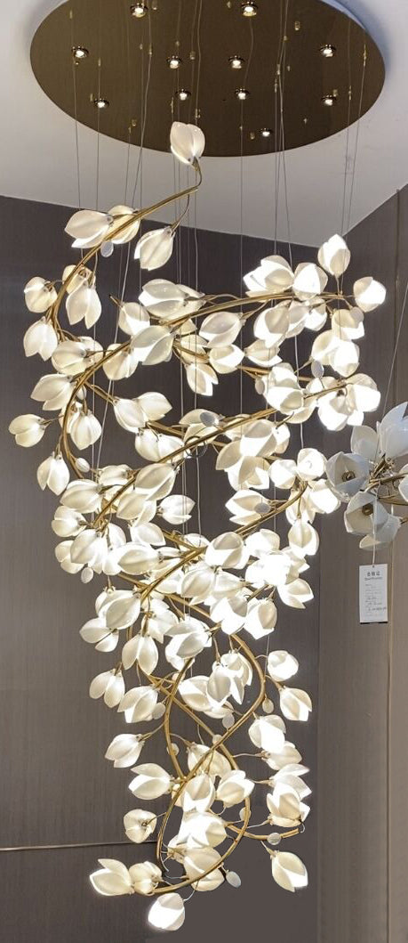 chandelier,chandeliers,ceiling,round,flush mount,extra large,oversize,large,long,huge,big,white,flower,foyer,stairs,entrys,living roo,hall way,high-ceiling room