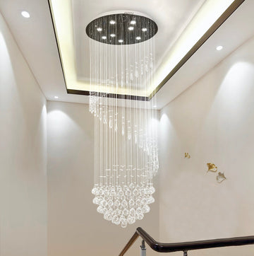 Single Spiral Hemisphere Rain Drop Crystal Chandelier - Staircase