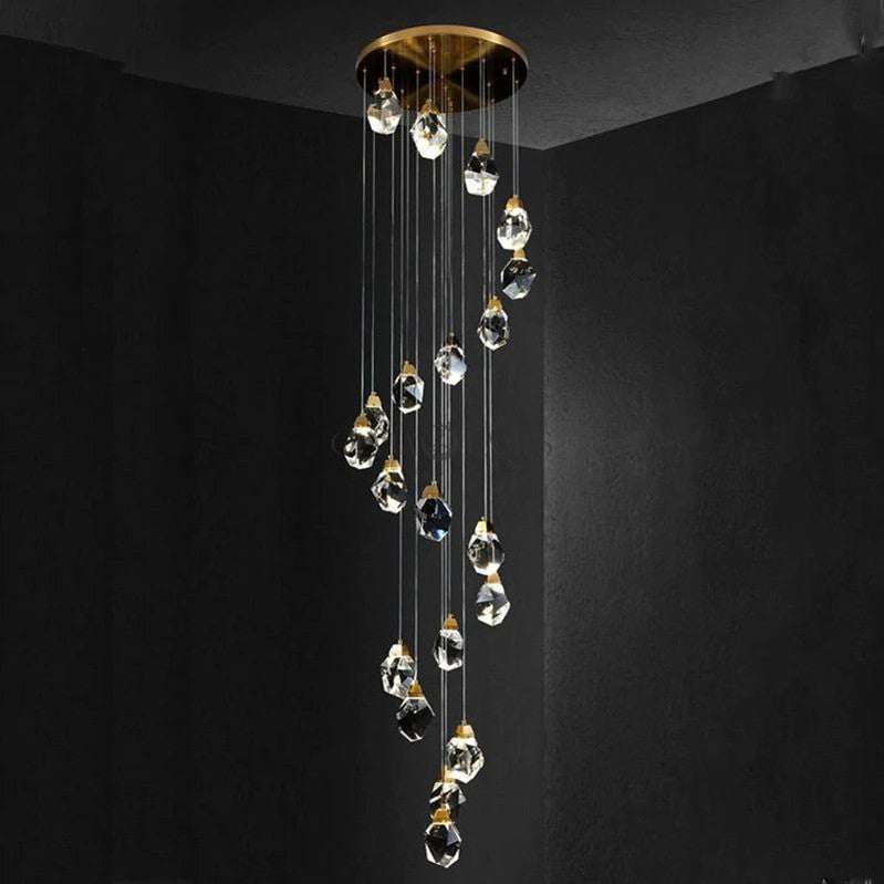 Zora Faceted Crystal Staircase Long Chandelier - Ineffable Lighting