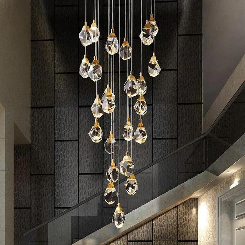 Zora Faceted Crystal Staircase Long Chandelier - Ineffable Lighting