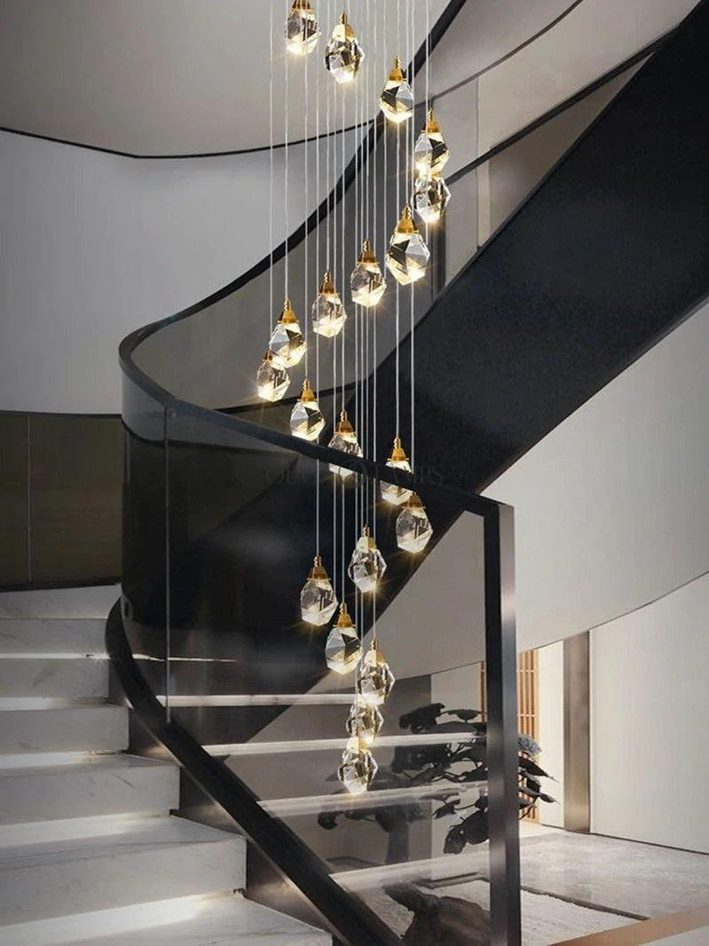 Zora Faceted Crystal Staircase Long Chandelier - Ineffable Lighting