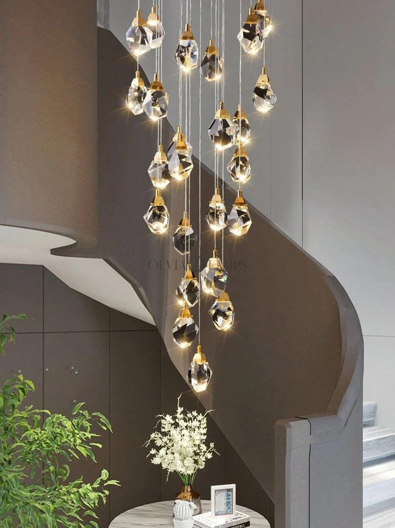 Zora Faceted Crystal Staircase Long Chandelier - Ineffable Lighting